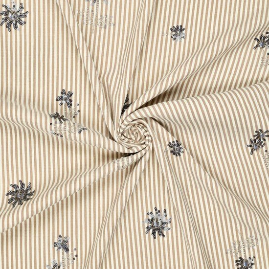 Damesstof - Beige streep met pailletbloem