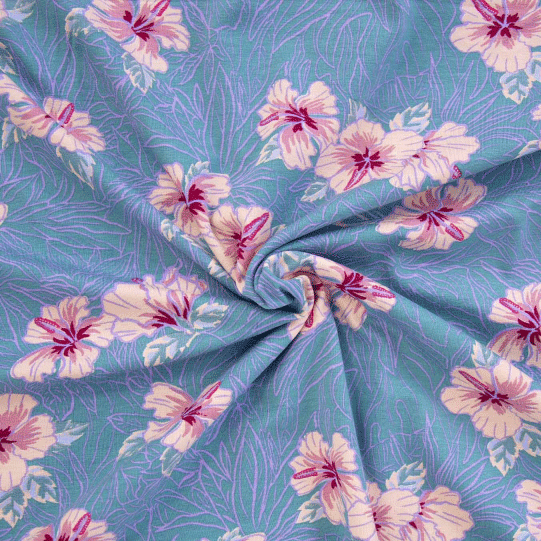 Jersey - Hibiscus zalm op zacht blauwgroen