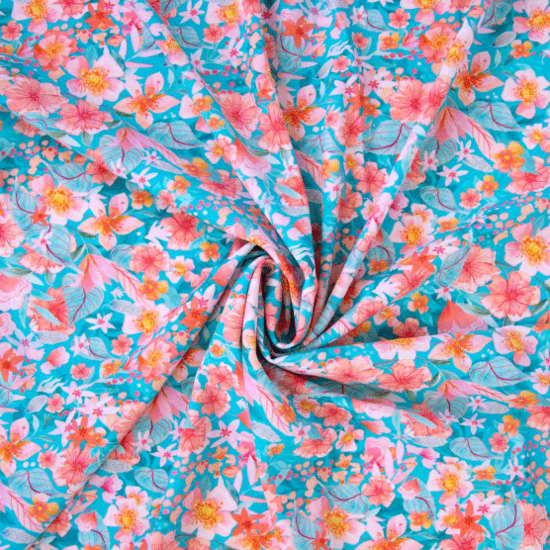 Lycra - Flora roze op turkoois