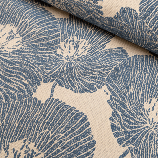 Jacquard - Blauwe xl bloemen op ecru