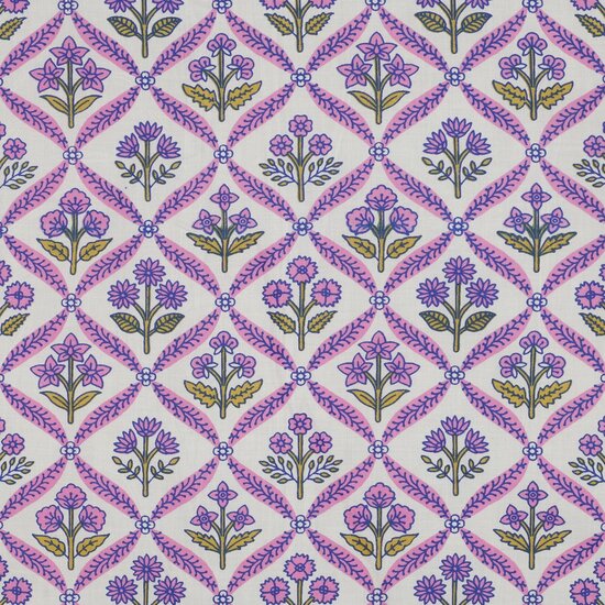 Katoen - Blockprint ecru roze bloemraster