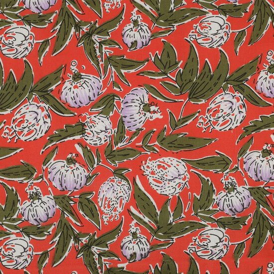Katoen - Blockprint lila bloemen op oranje