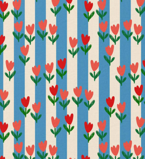 Katoen - Blauw gestreepte tulpen
