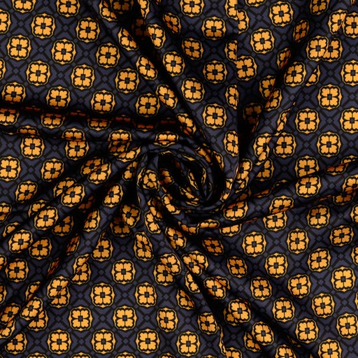 Bloezenstof - Bloemenraster marine en geel