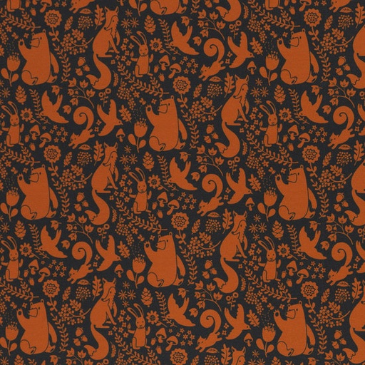 [-] French terry - oranje bosdieren op donkergrijs