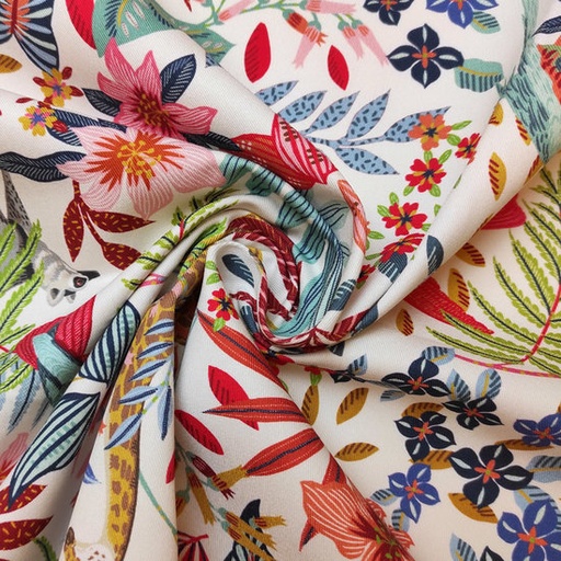 [-] Gabardine - kleurrijke bloemenprint op ecru