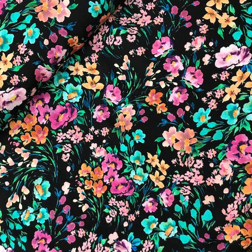 [-] Viscose - kleurenpalet van bloemen op zwart