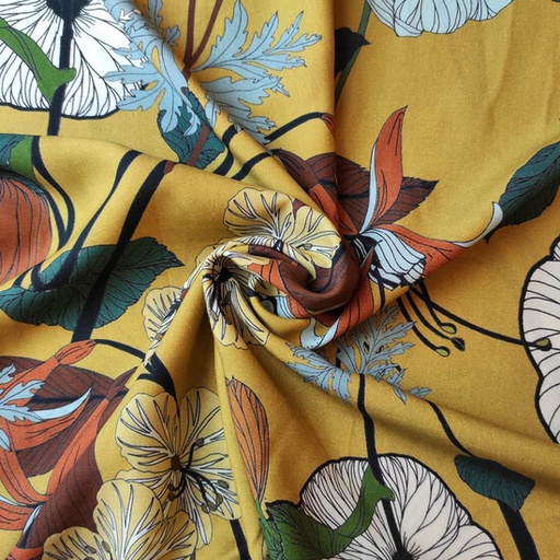 Viscose - Grote wilde bloemen op mosterd