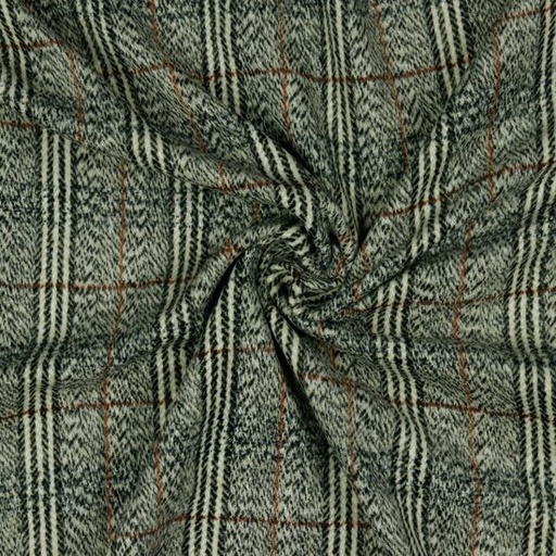 Mantelstof - Fantasiestrepen zwart-ecru-roest