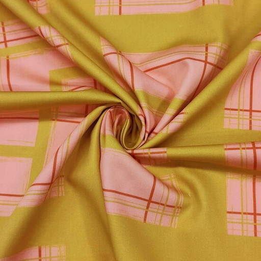 Katoen - roze met limoenrasterlijnen