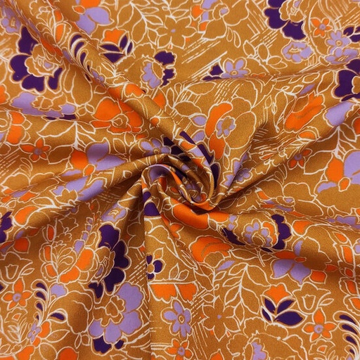 Katoen - lila bloemen slinger op oker