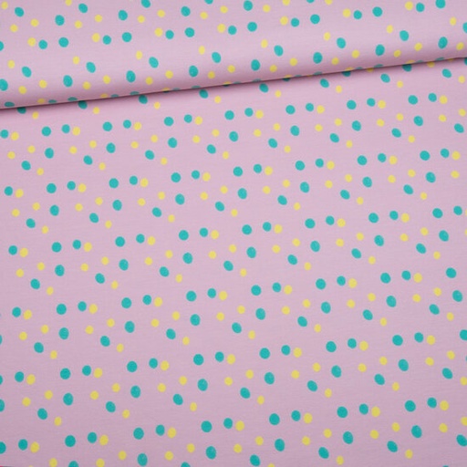 [-] French terry - dots geel munt roze
