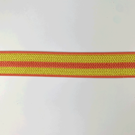 Elastiek 25mm - gele structuur met koraalroze lijn