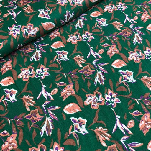 [-] Viscose - Groen met bruinpaarse bloemen