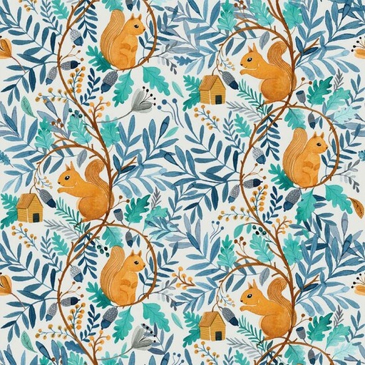 Katoen - Eekhoorn tussen turkoois bladeren