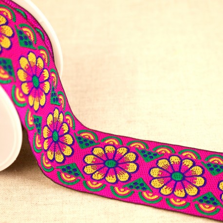 Jacquard lint 50mm - bloemen paars-geel