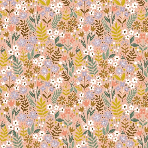Katoen - Bloementakken op zalmroze