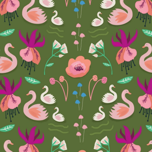 Katoen - zwanen en waterlelies op khaki