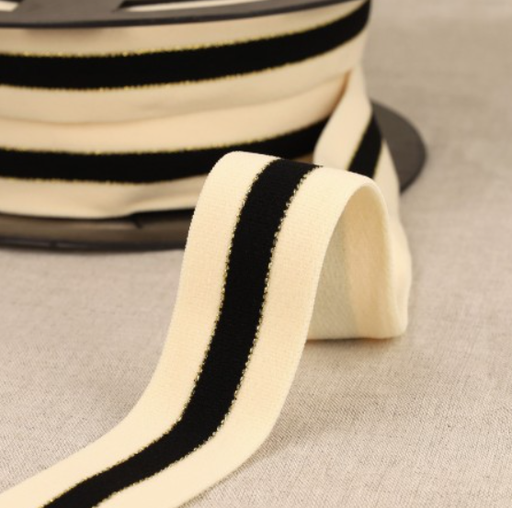 Elastiek 32mm - Ecru-zwart streep met gouden randje