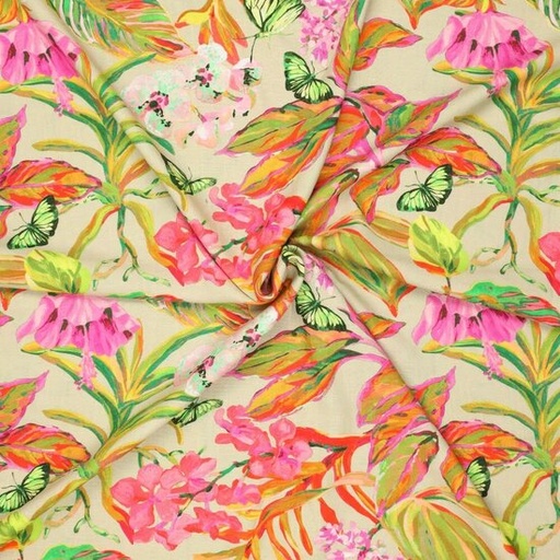 Linnen viscose - Vlinders op bloemen beige