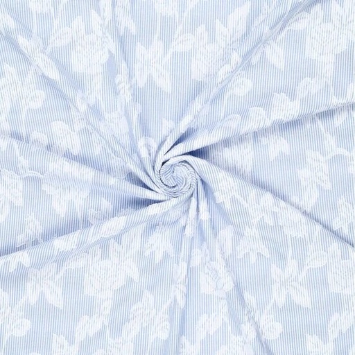 Voile katoen - Bladeren op blauwwitte streep