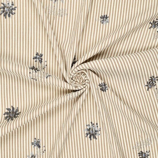 Damesstof - Beige streep met pailletbloem