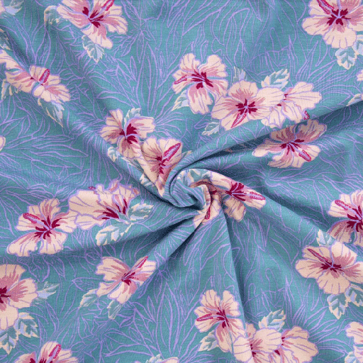 Jersey - Hibiscus zalm op zacht blauwgroen