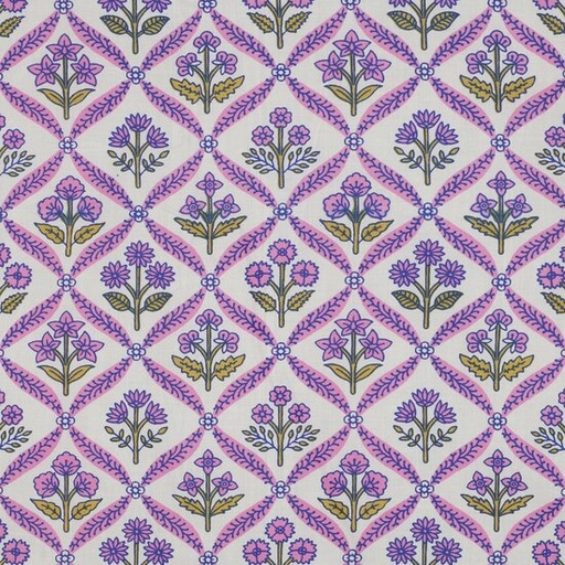 Katoen - Blockprint ecru roze bloemraster