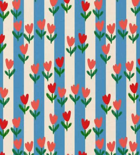 Katoen - Blauw gestreepte tulpen