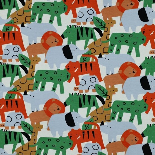 French terry - Safari dieren groen oranje oker